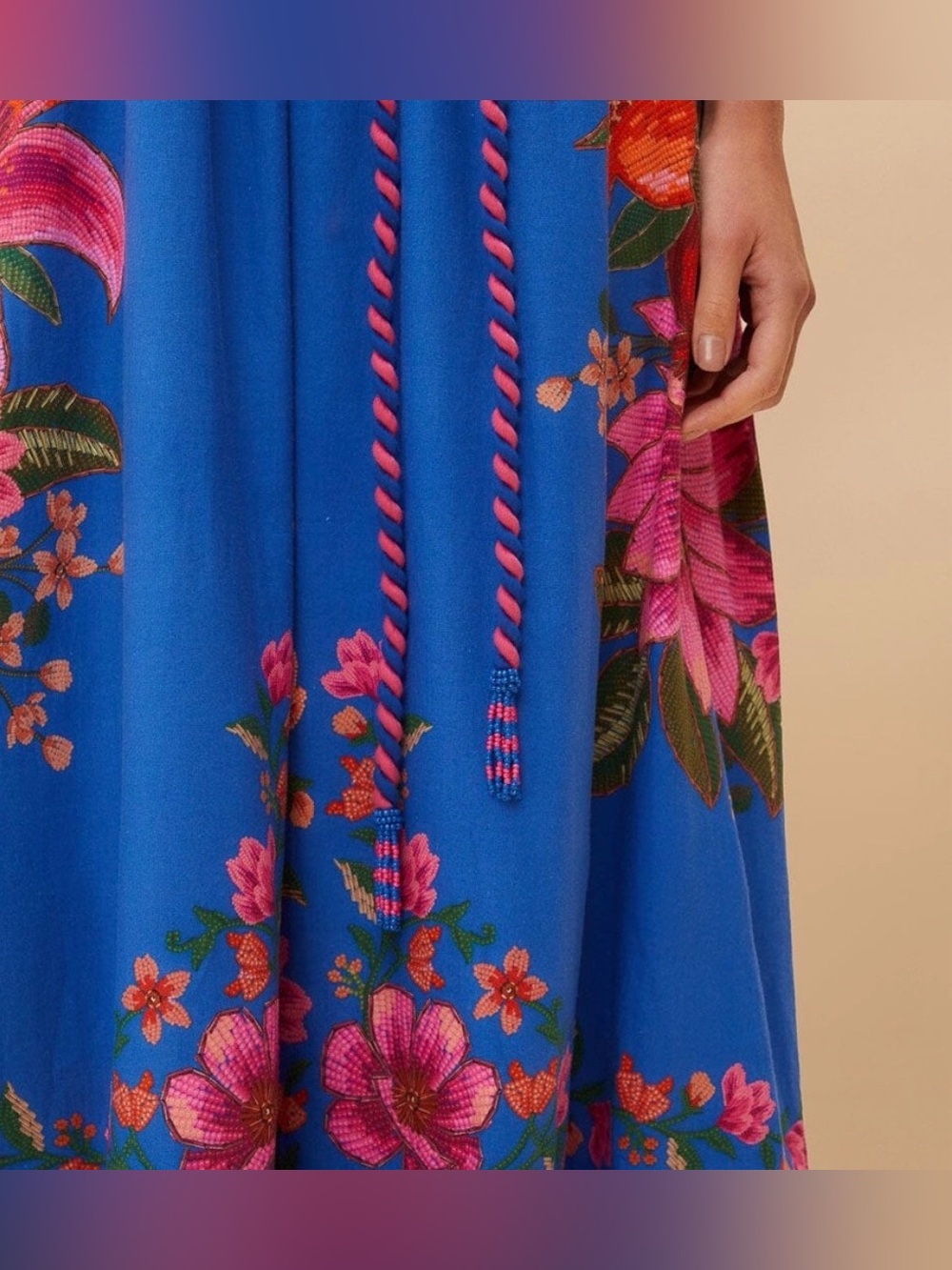 FARM Rio Blue Floral Braided Rope Tie LENZING™ ECOVERO Euroflax Maxi Dress XL - Picture 4 of 5